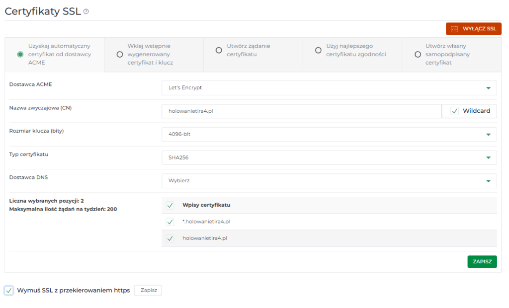 Panel DirectAdmin SEOHOST – menu Zarządzanie kontami z sekcją Certyfikaty SSL